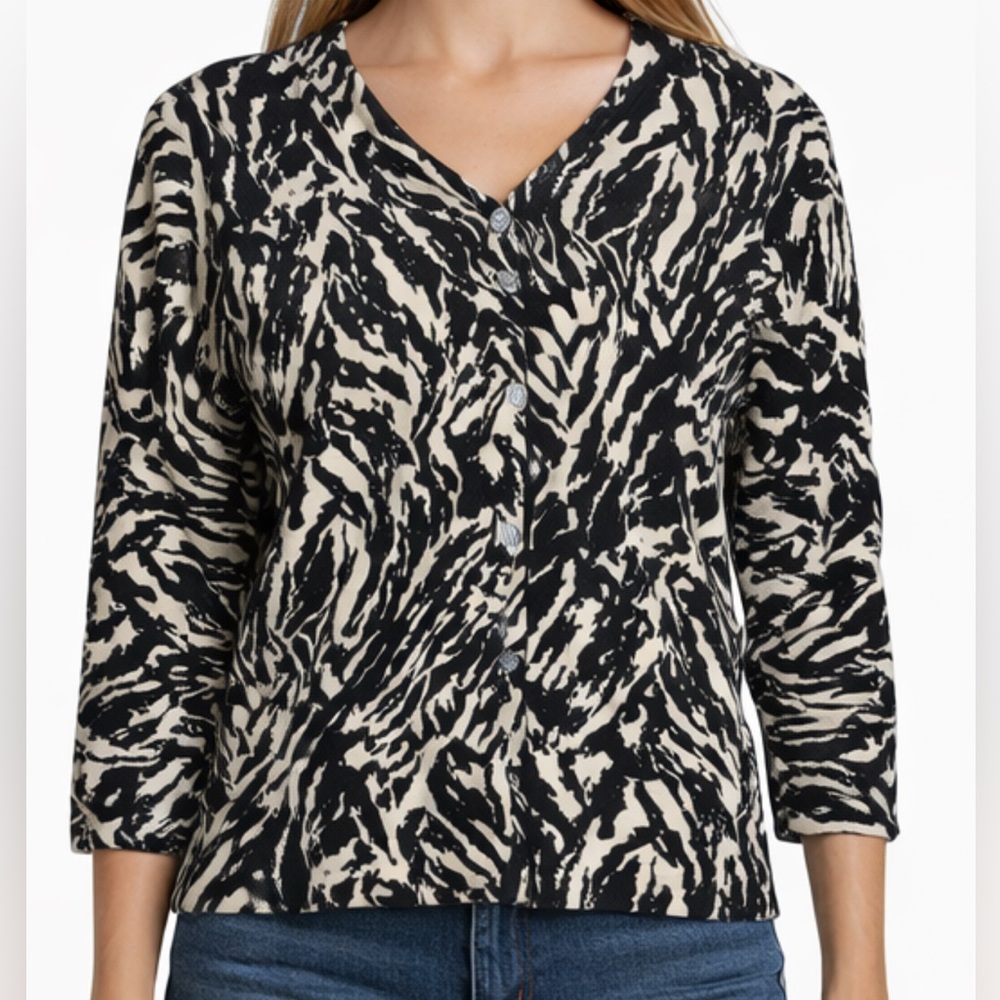 Cable & Gauge Black and Ivory Abstract Animal Print Button-Front Cardigan